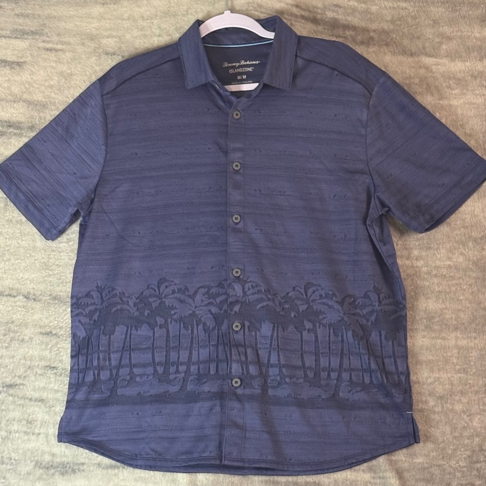 Tommy Bahama IslandZone Mens Medium Navy Blue Palm Tree Border Print Shirt